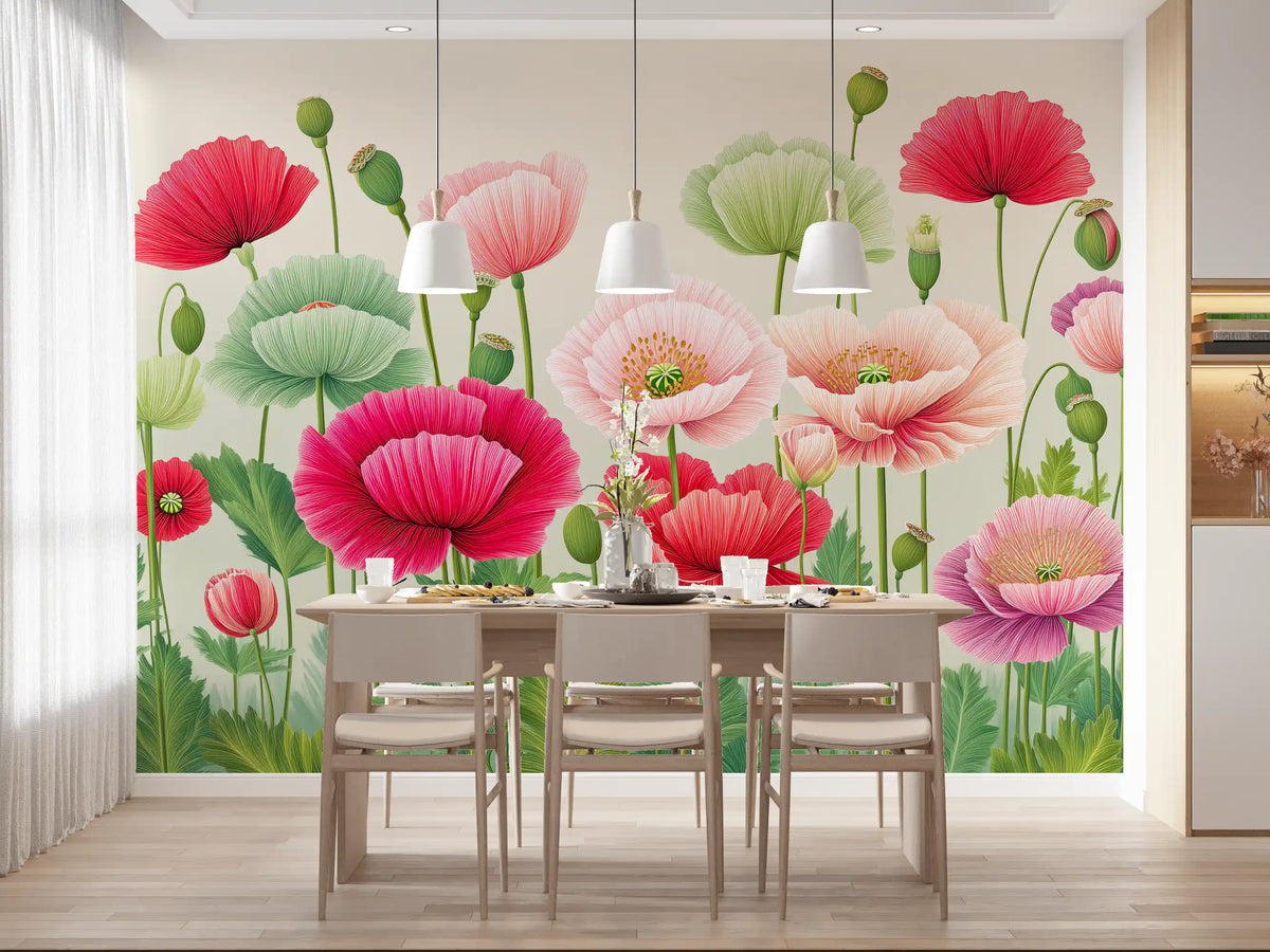 Poppy wallpaper behind a wooden dining table with beige chairs and white pendants GD13799