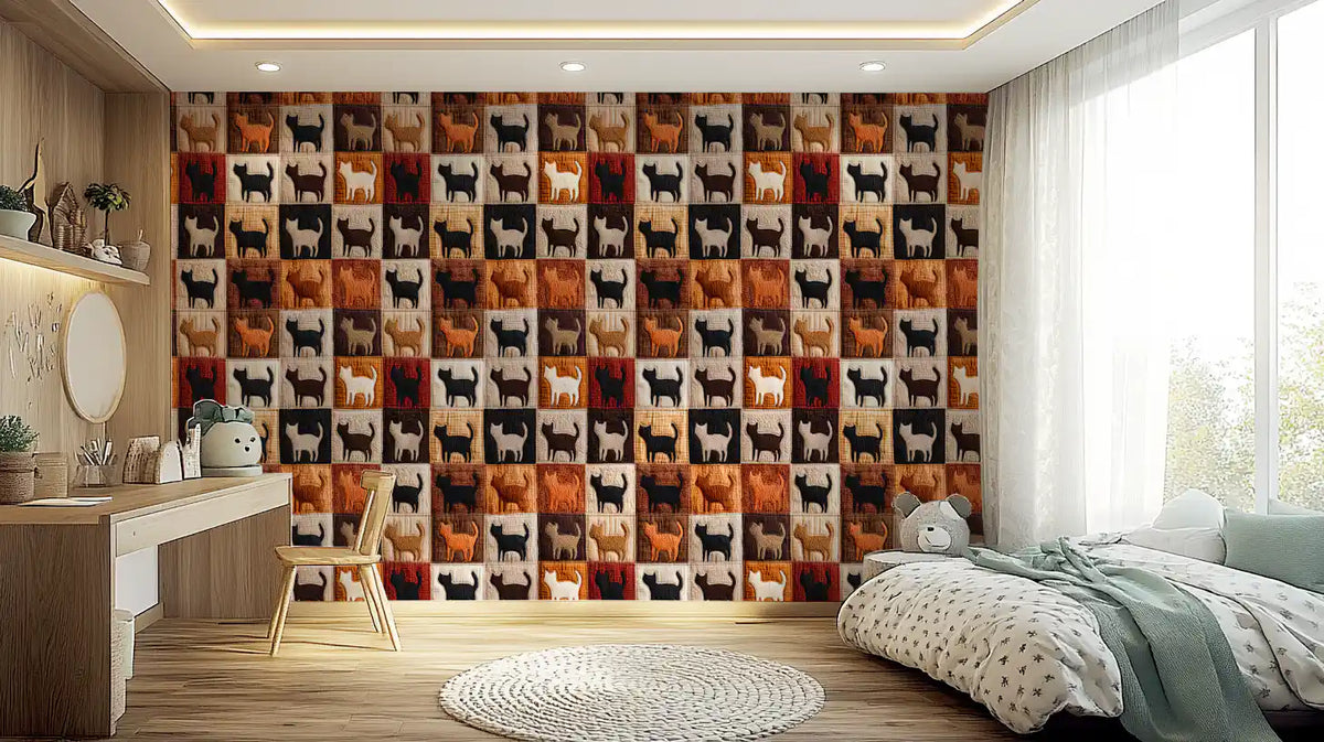 Cat wallpaper in a kids bedroom with white desk, dotted duvet and round woven rug GD13802