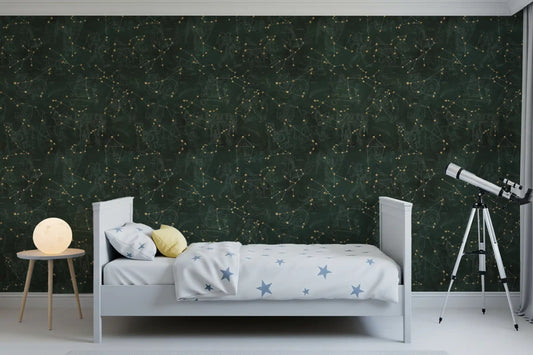 White kids' bed with star duvet, egg lamp and telescope against green stars wallpaper GD13804