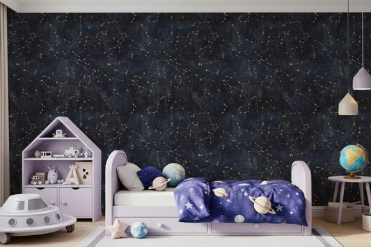 Lilac house shelf, planet print duvet and UFO toy against midnight blue star wallpaper GD13805