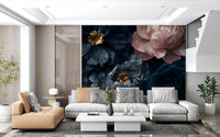 Midnight Peony Blooms with Gold Accents Wall Mural