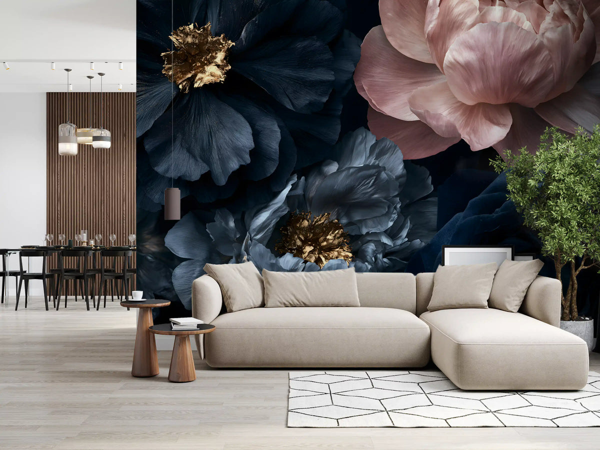 Midnight Peony Blooms with Gold Accents Wall Mural