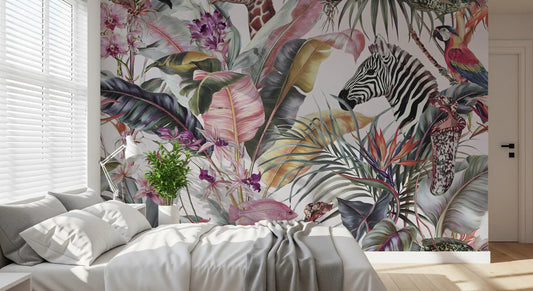 Tropical zebra mural behind a bed with white bedding and window blinds GD13813