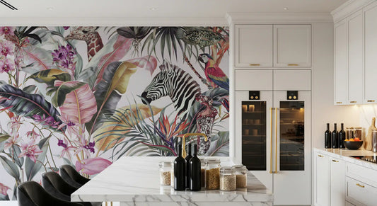 Jungle wallpaper mural in a white kitchen with a marble island and glass bottles GD13813
