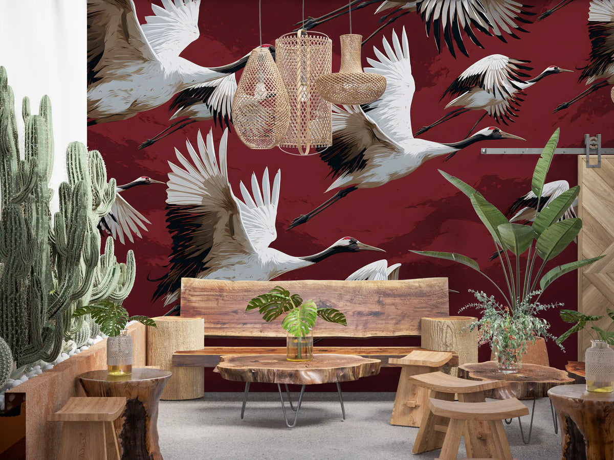 Crimson Flight of Cranes Wall Mural