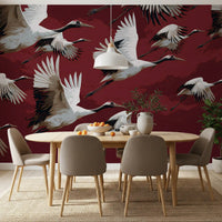 Crimson Flight of Cranes Wall Mural