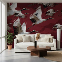 Crimson Flight of Cranes Wall Mural