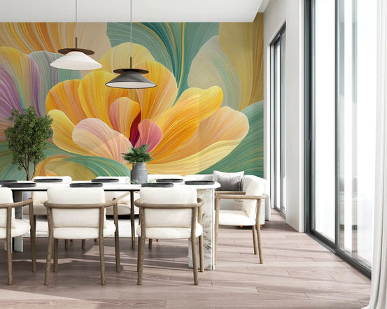 Floral wallpaper mural with a pastel bloom behind a white dining set and pendant lamps GD13816