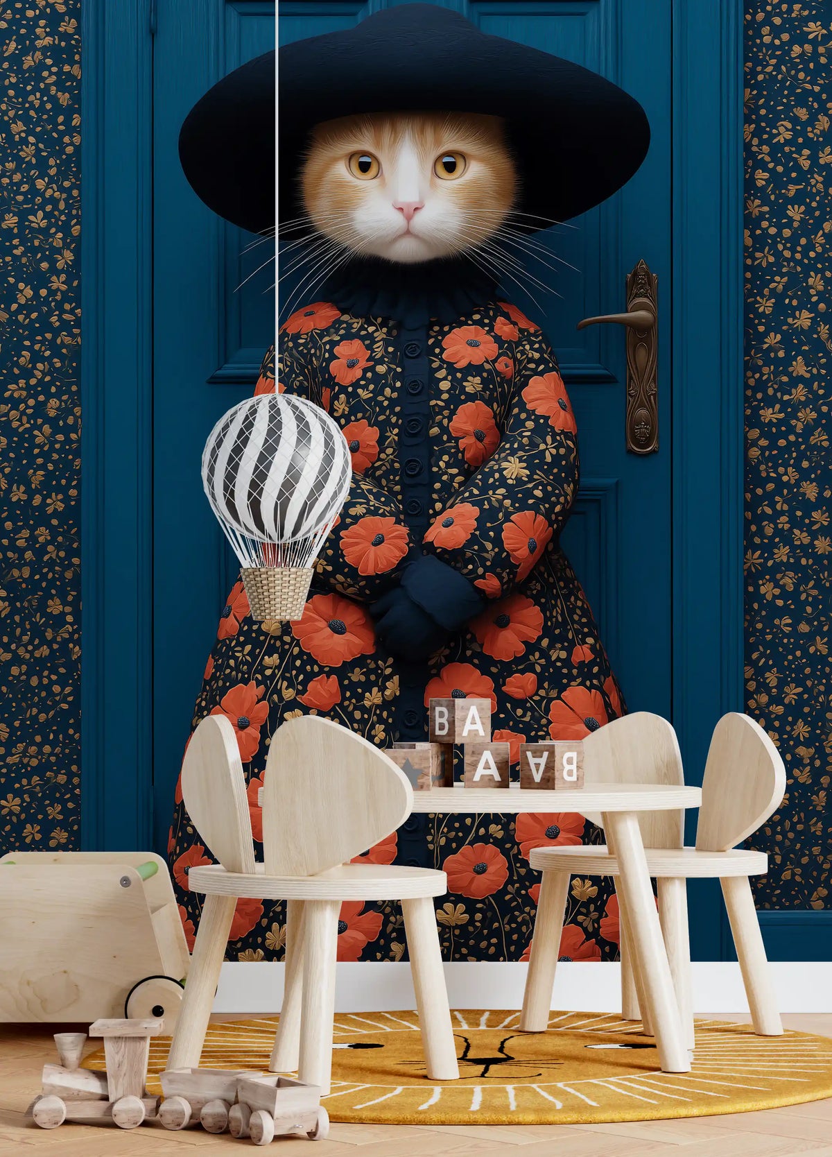 Royal Feline in Poppy Print Attire Wall Mural