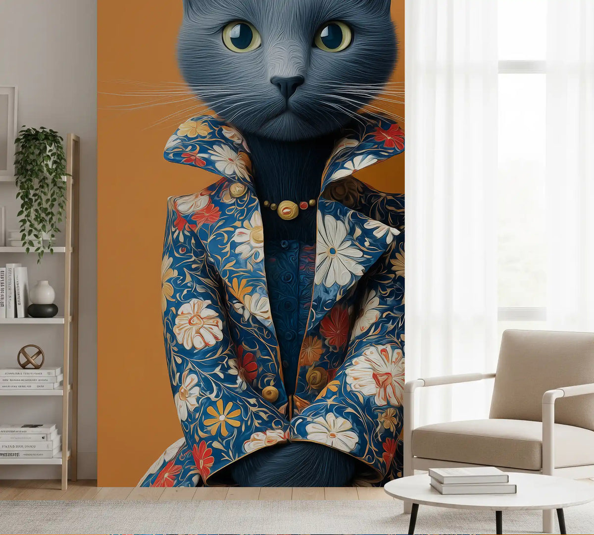 Sophisticated Feline in Floral Finery Wall Mural