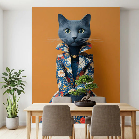 Cat wallpaper mural on burnt orange behind a wood dining table, gray chairs and bonsai GD13819