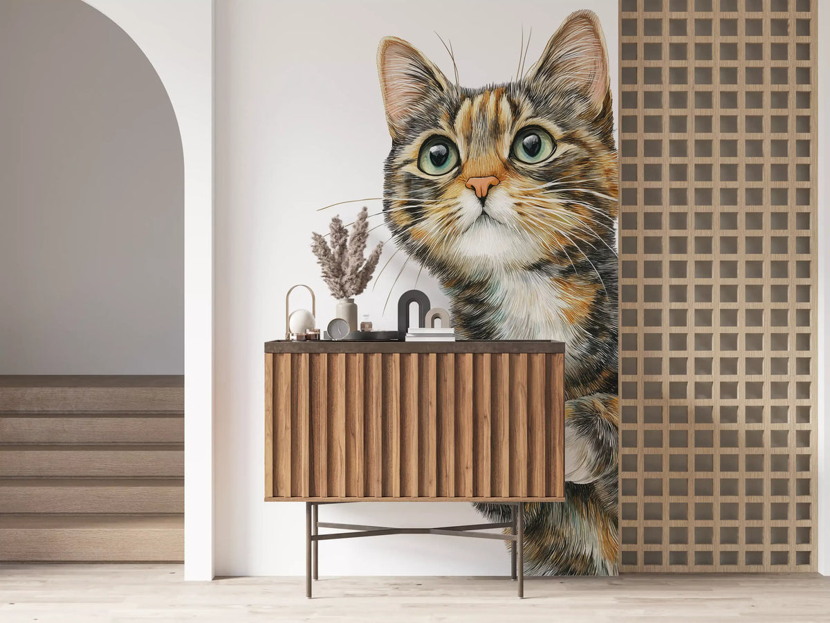 Curious Cat Illustration Wall Mural
