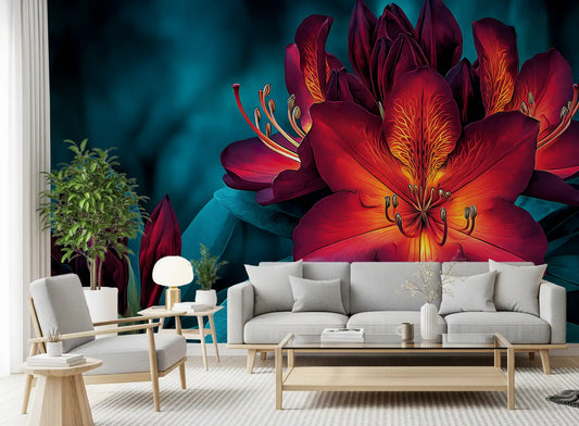 Moody Teal and Crimson Petals Wall Mural