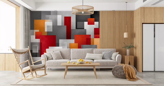 Geometric wallpaper mural behind a grey sofa, wooden rocking chair and wood panels GD13824