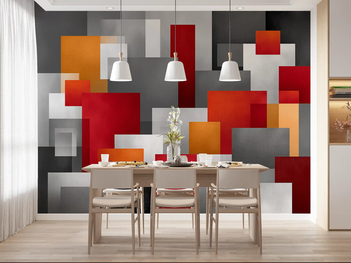 Geometric Red and Grey Block Composition Wall Mural