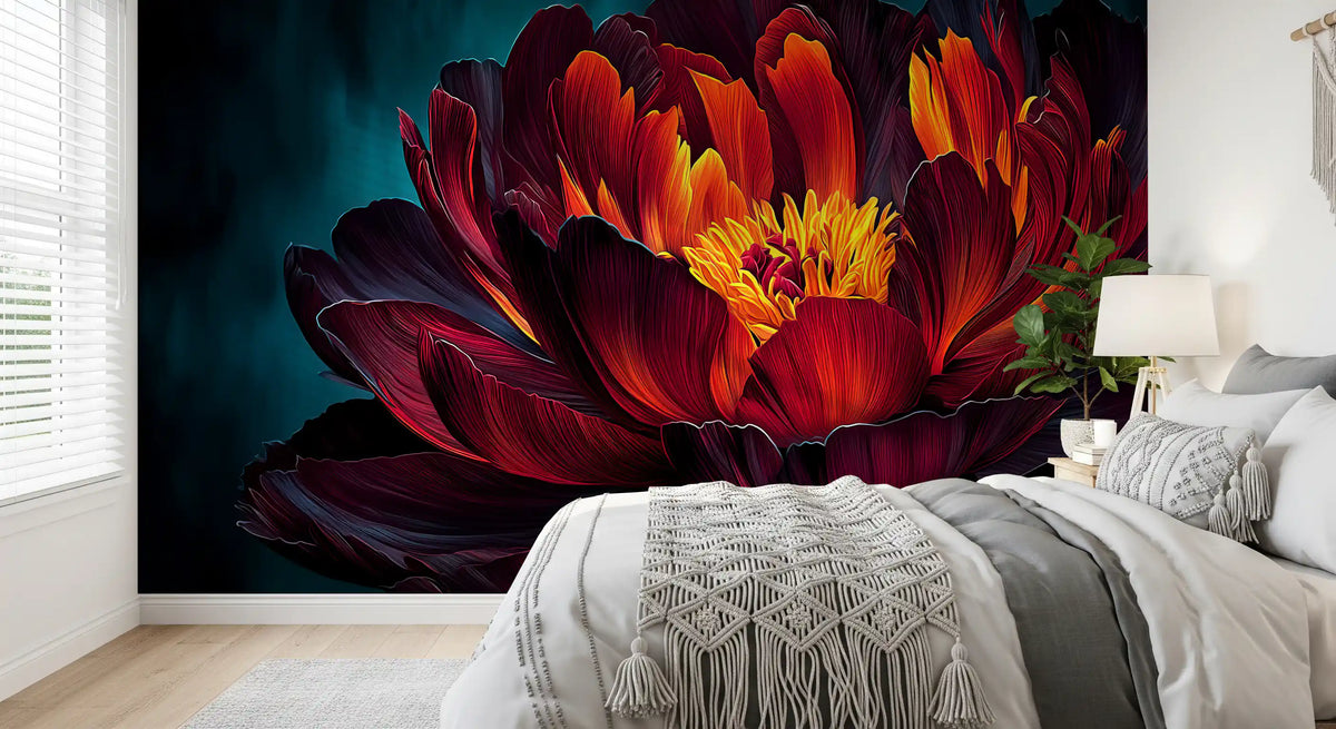 Peony wallpaper mural behind a bed with a macrame throw and grey bedding GD13825