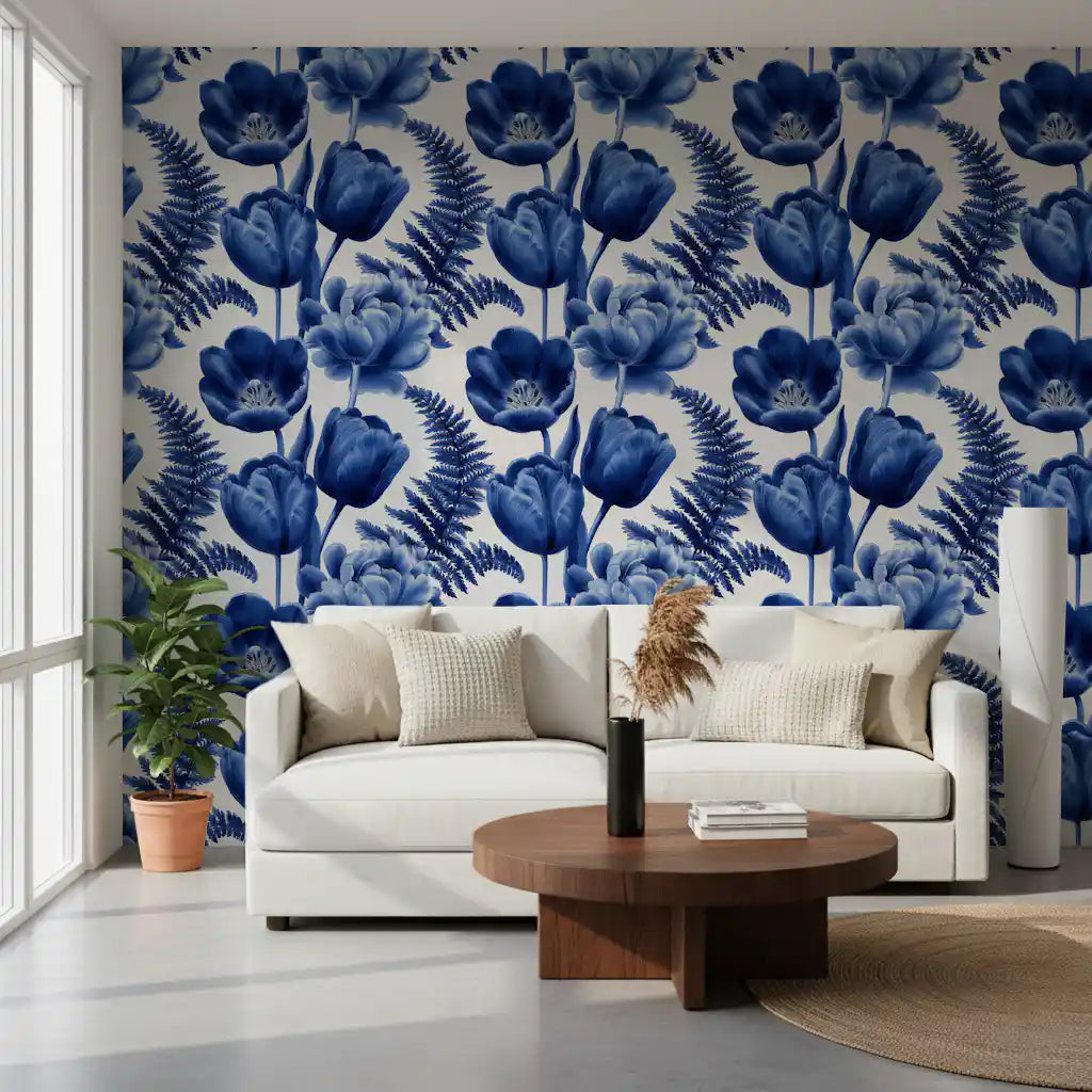 Indigo Botanical Tulip Fern Sketch Wallpaper⁠