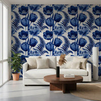 Indigo Botanical Tulip Fern Sketch Wallpaper⁠