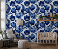 Indigo Botanical Tulip Fern Sketch Wallpaper⁠