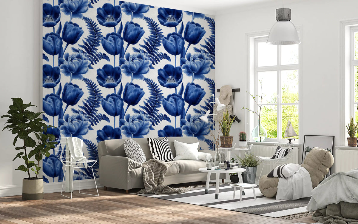 Indigo Botanical Tulip Fern Sketch Wallpaper⁠