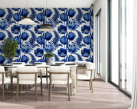 Indigo Botanical Tulip Fern Sketch Wallpaper⁠