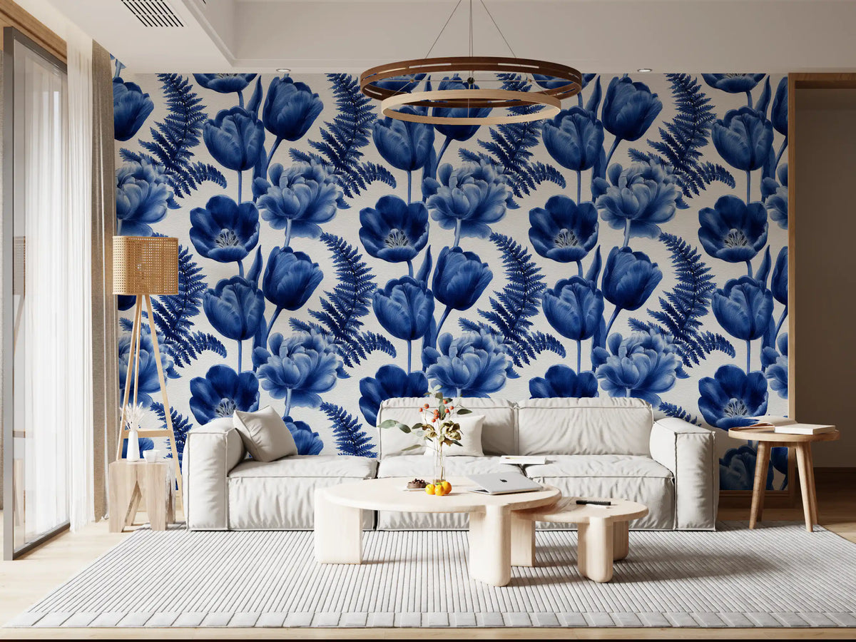 Indigo Botanical Tulip Fern Sketch Wallpaper⁠