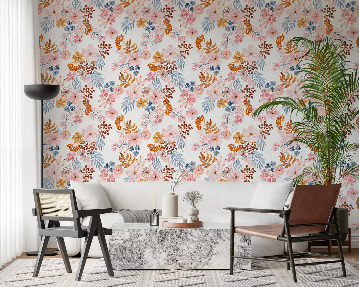 Whimsical Blush and Copper Flora Wallpaper⁠