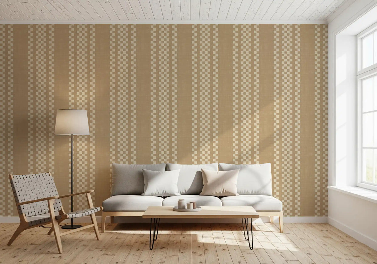 Ticking Checker Stripes - Beige Canvas Wallpaper⁠