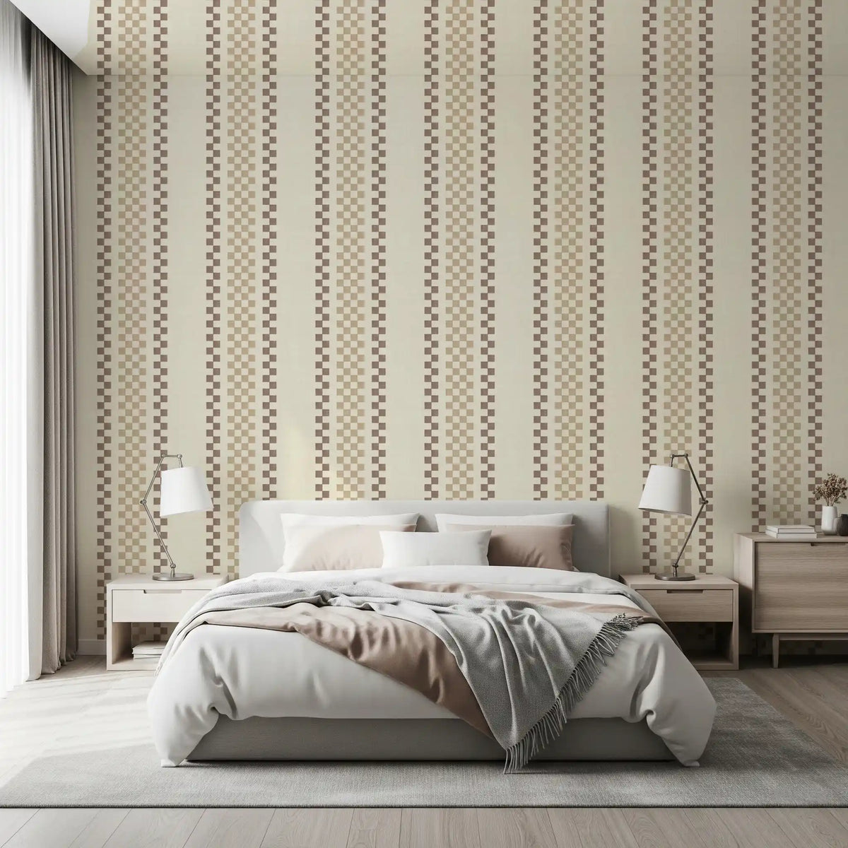 Ticking Checker Stripes - Beige & Chocolate Wallpaper⁠