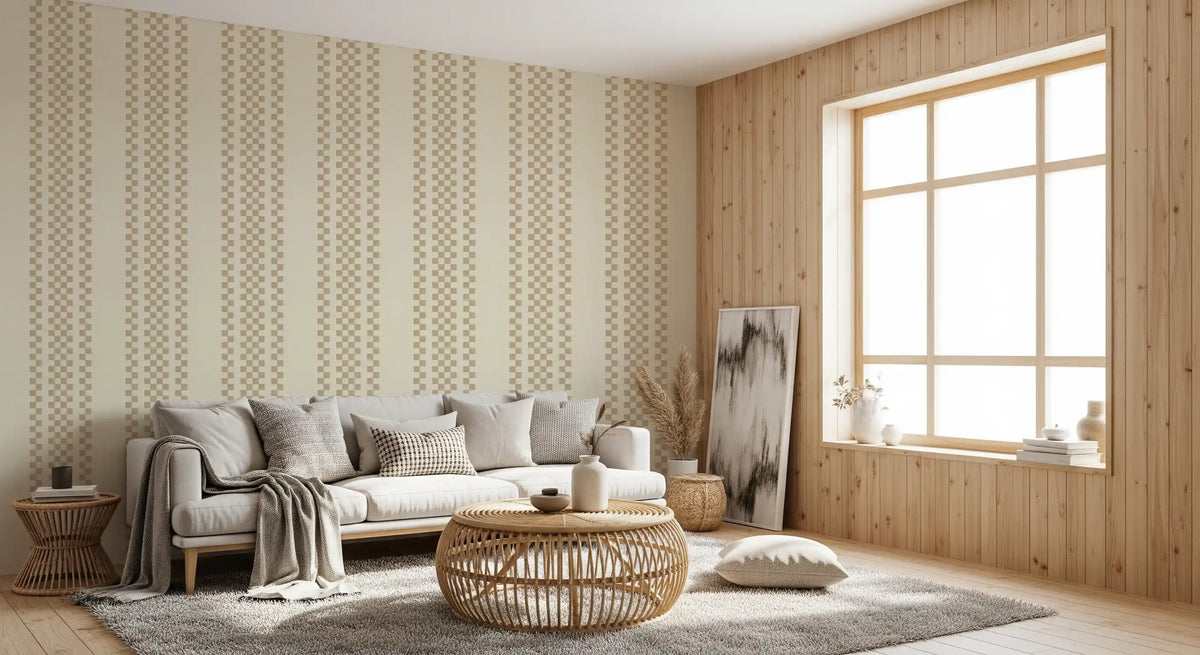 Ticking Checker Stripes - Beige Wallpaper⁠