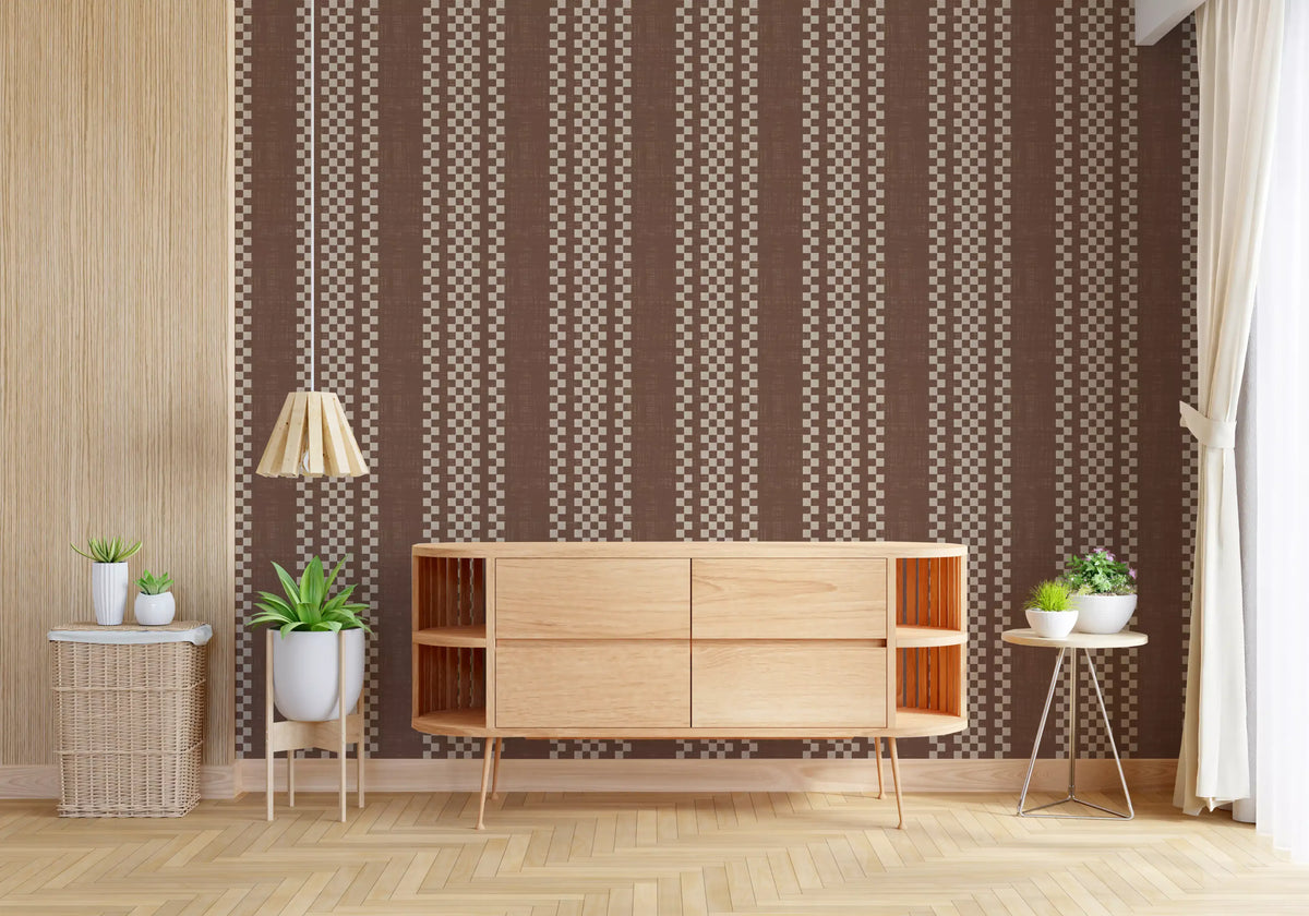 Ticking Checker Stripes - Chocolate Canvas Wallpaper⁠