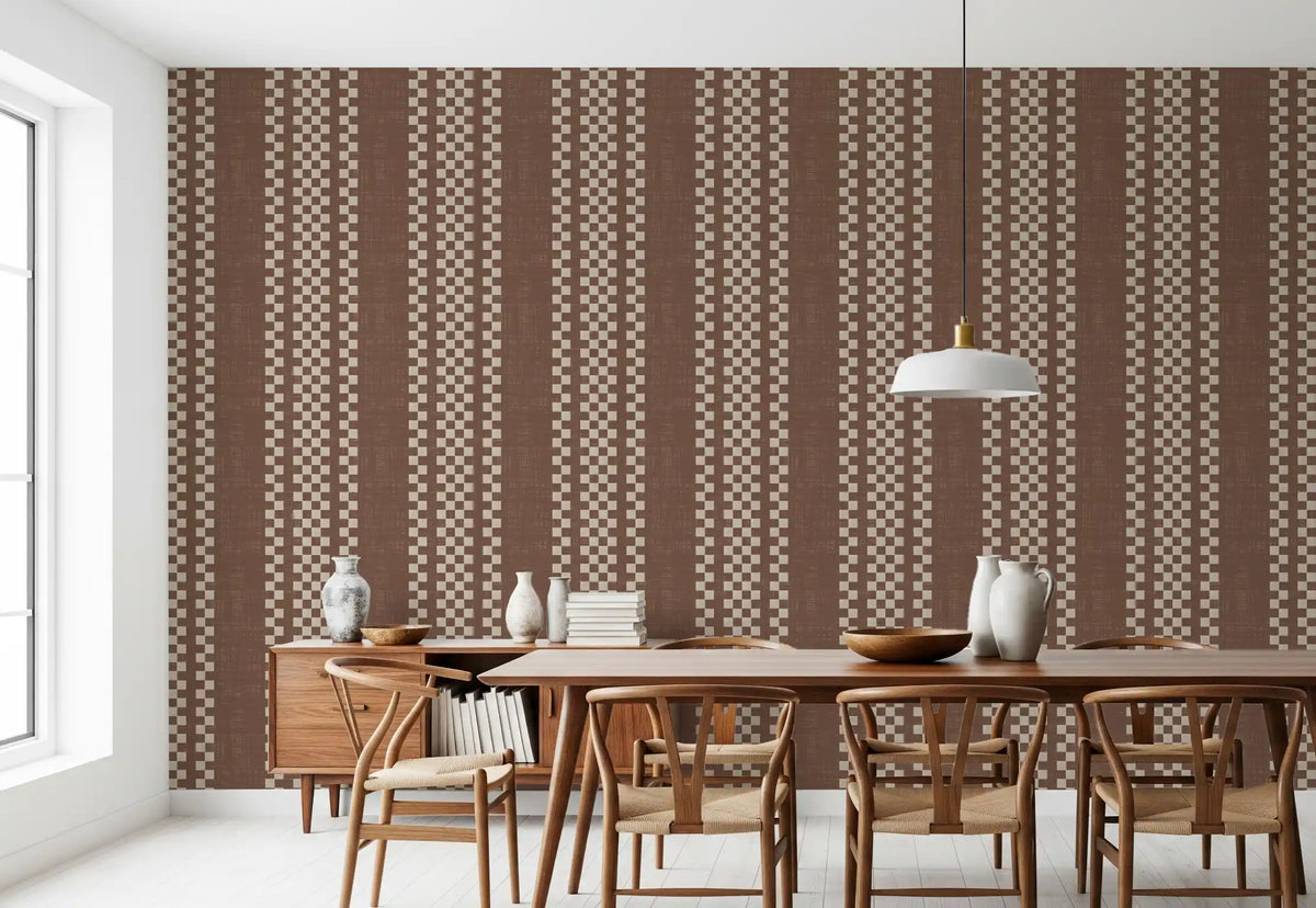 Ticking Checker Stripes - Chocolate Canvas Wallpaper⁠