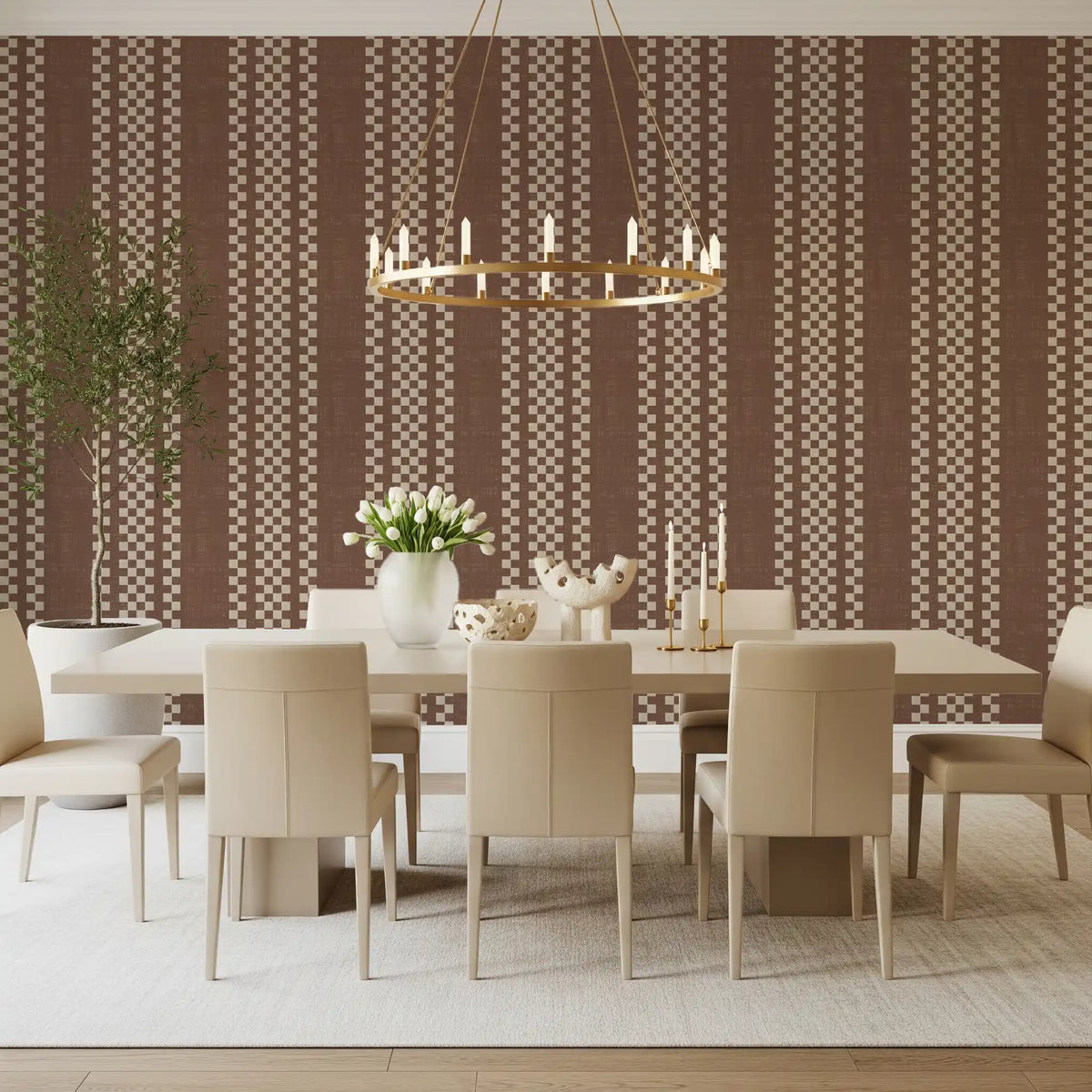 Ticking Checker Stripes - Chocolate Canvas Wallpaper⁠