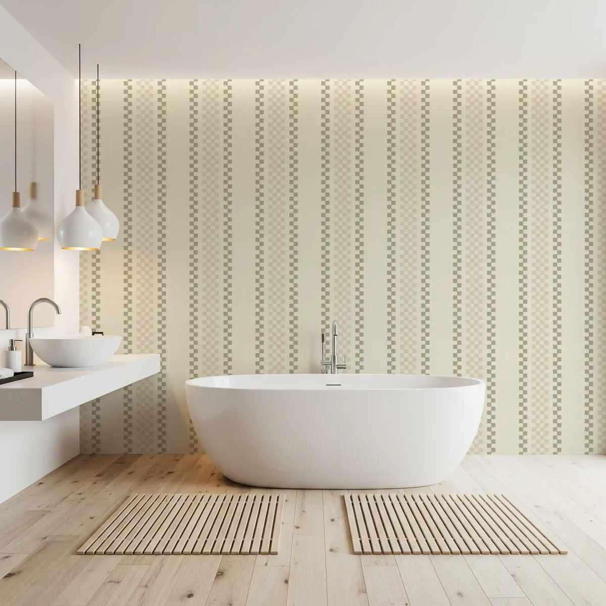 Bathroom with freestanding tub, floating vanity and white pendants on sage striped wallpaper GD13837