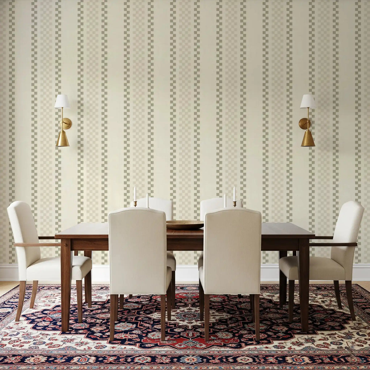 Ticking Checker Stripes - Cream & Sage Wallpaper⁠