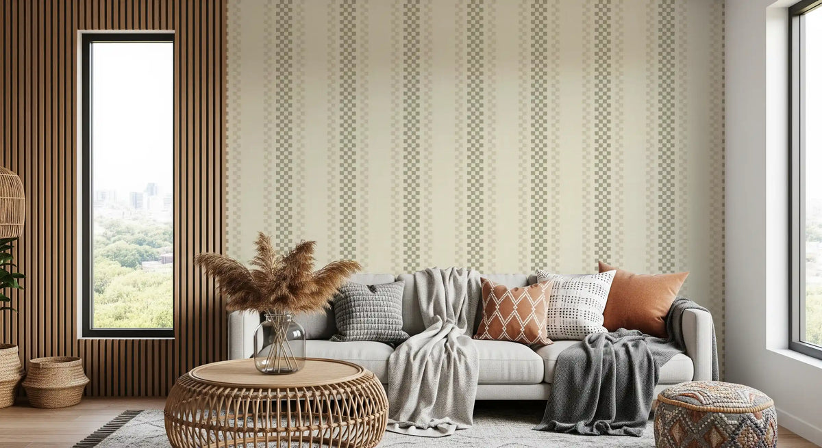 Ticking Checker Stripes - Sage & Cream Wallpaper⁠
