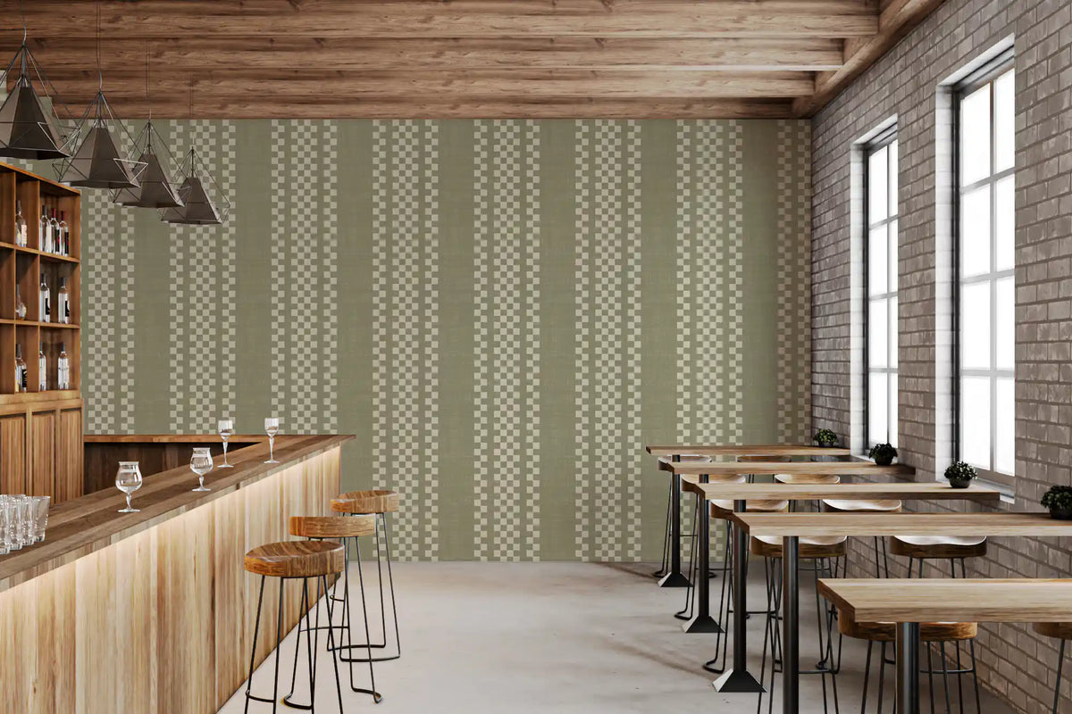 Ticking Checker Stripes - Sage Canvas Wallpaper⁠