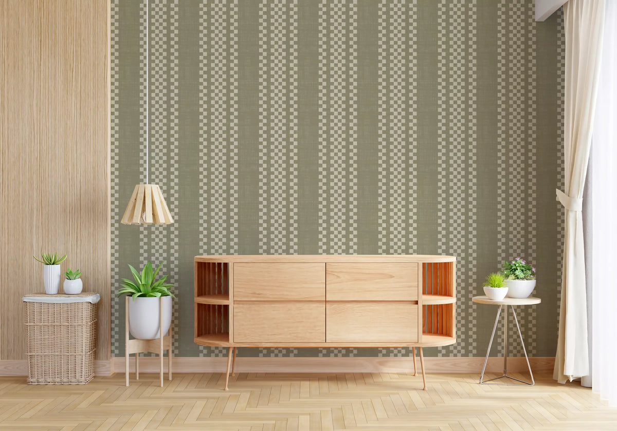Ticking Checker Stripes - Sage Canvas Wallpaper⁠