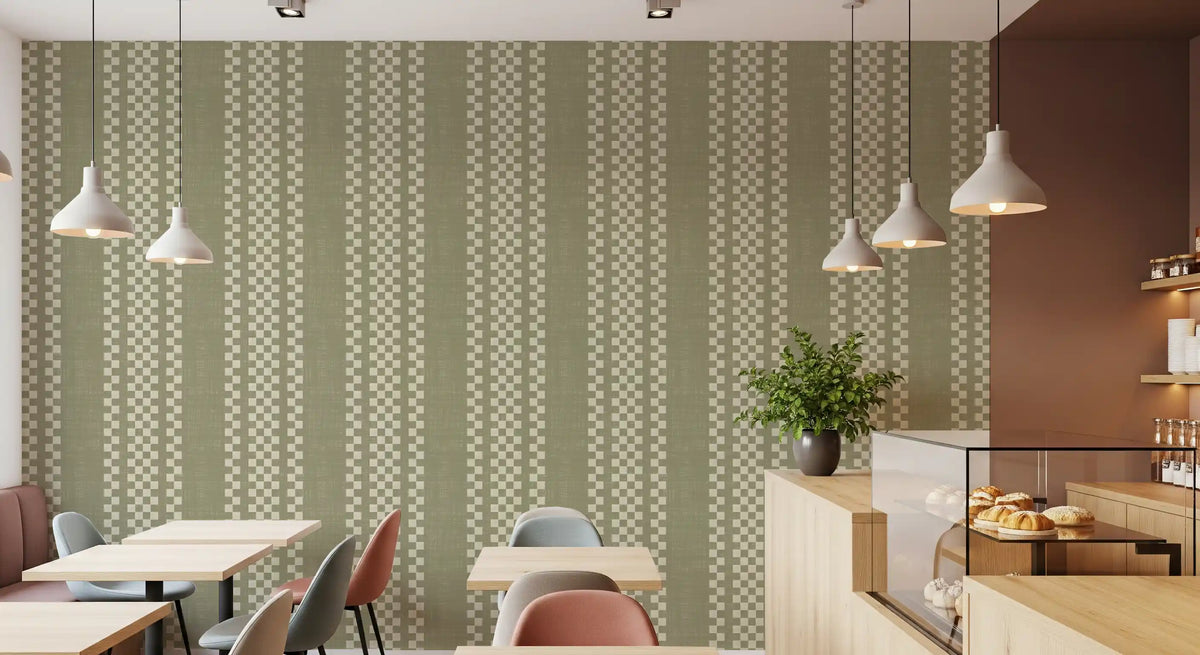Ticking Checker Stripes - Sage Canvas Wallpaper⁠