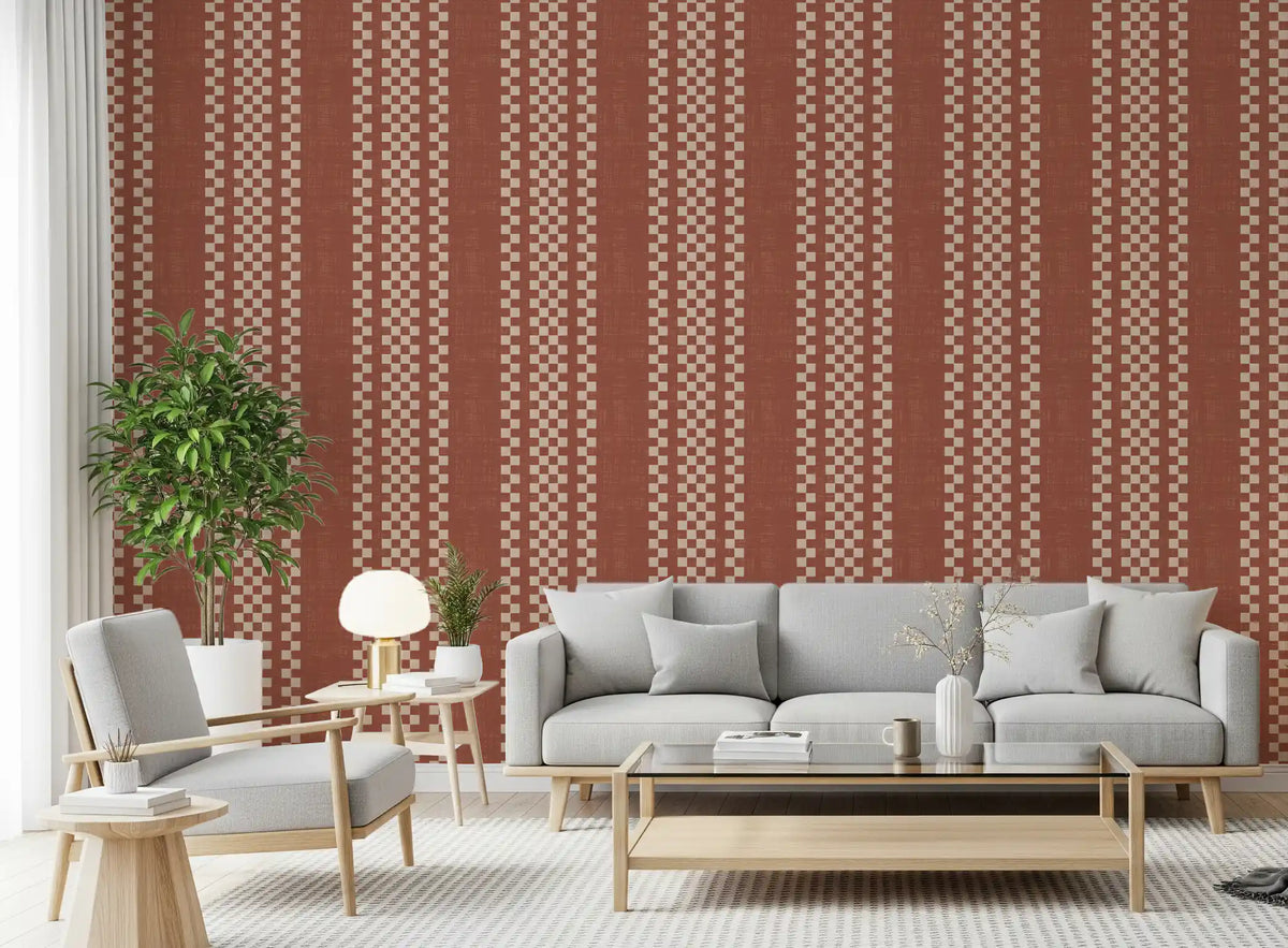 Ticking Checker Stripes - Terracotta Canvas Wallpaper⁠