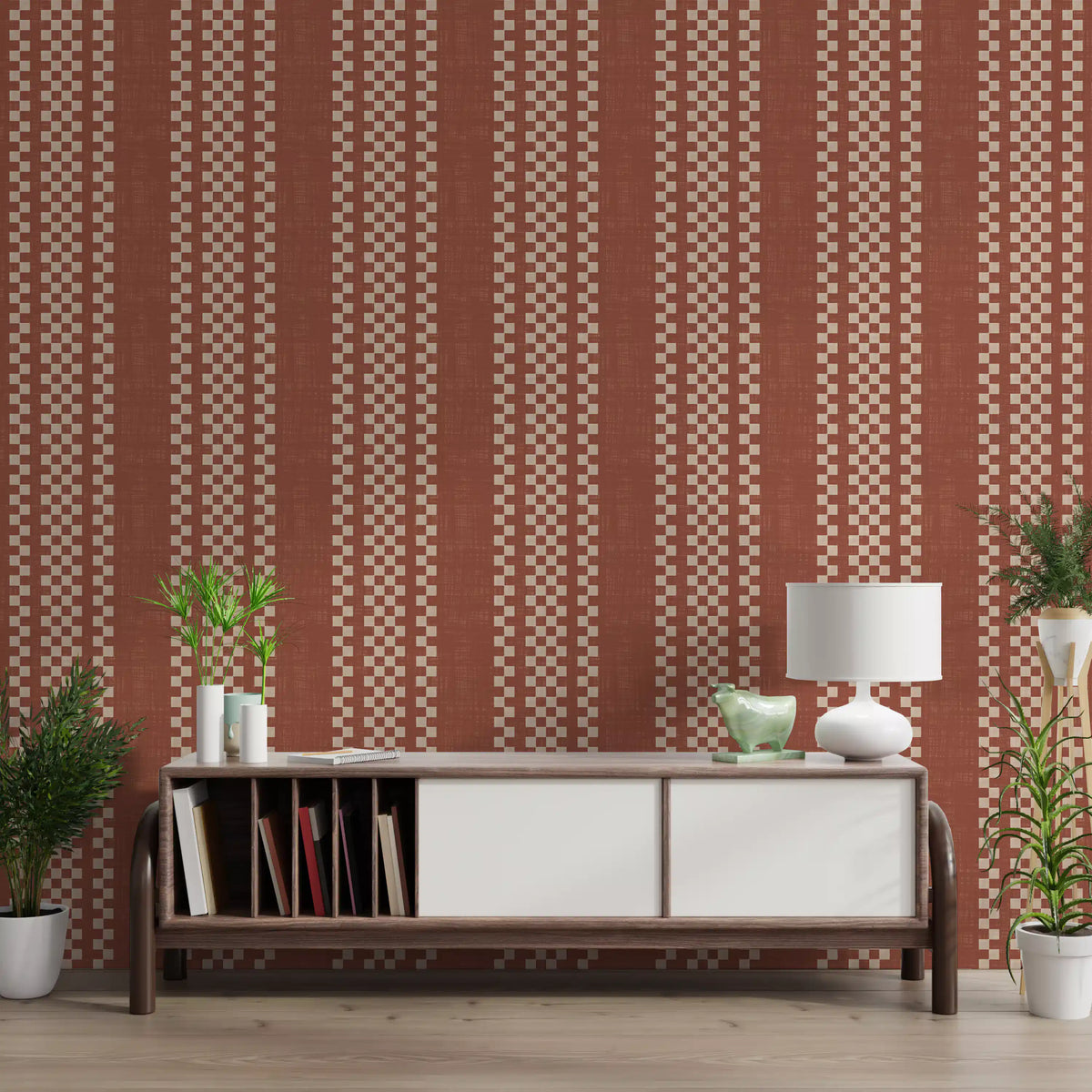 Ticking Checker Stripes - Terracotta Canvas Wallpaper⁠