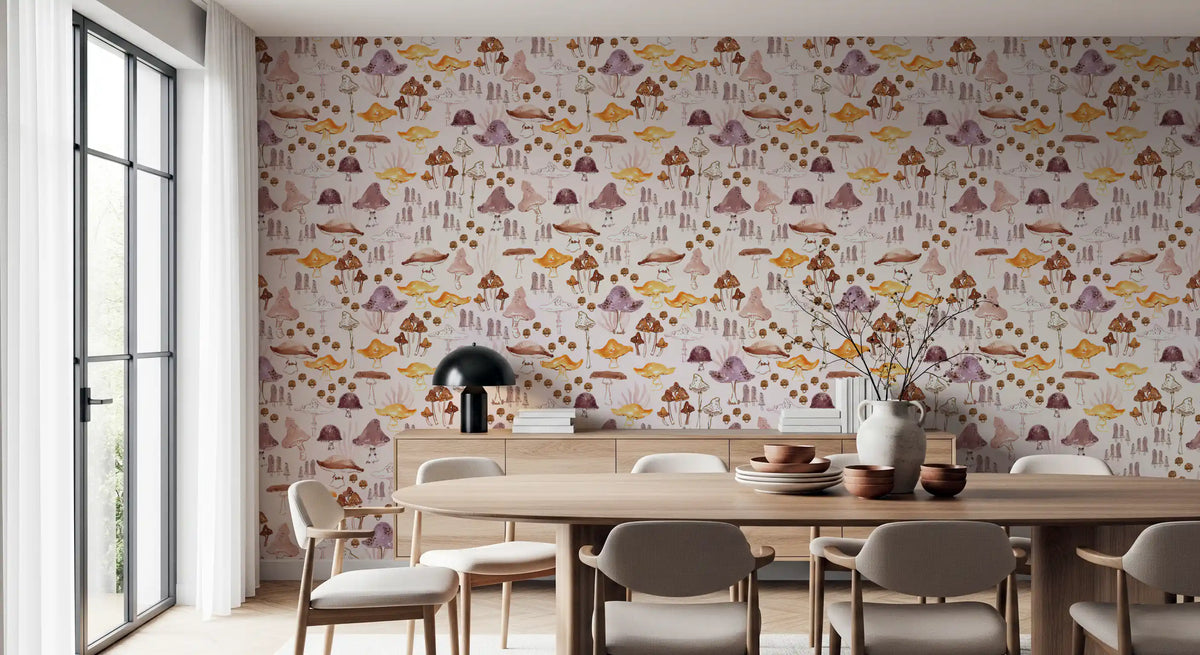 Watercolor Woodland Mushroom Pattern Wallpaper⁠