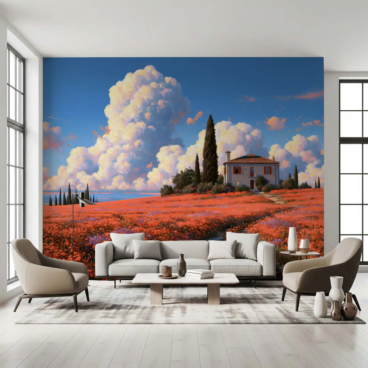 Tuscan Poppy Meadow Villa Wall Mural
