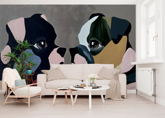 Dog wallpaper mural behind a white sofa, round white coffee tables and a wood armchair GD13851