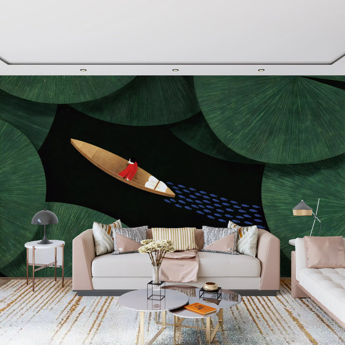 Lone Traveler Amidst Green Lily Pads Wall Mural