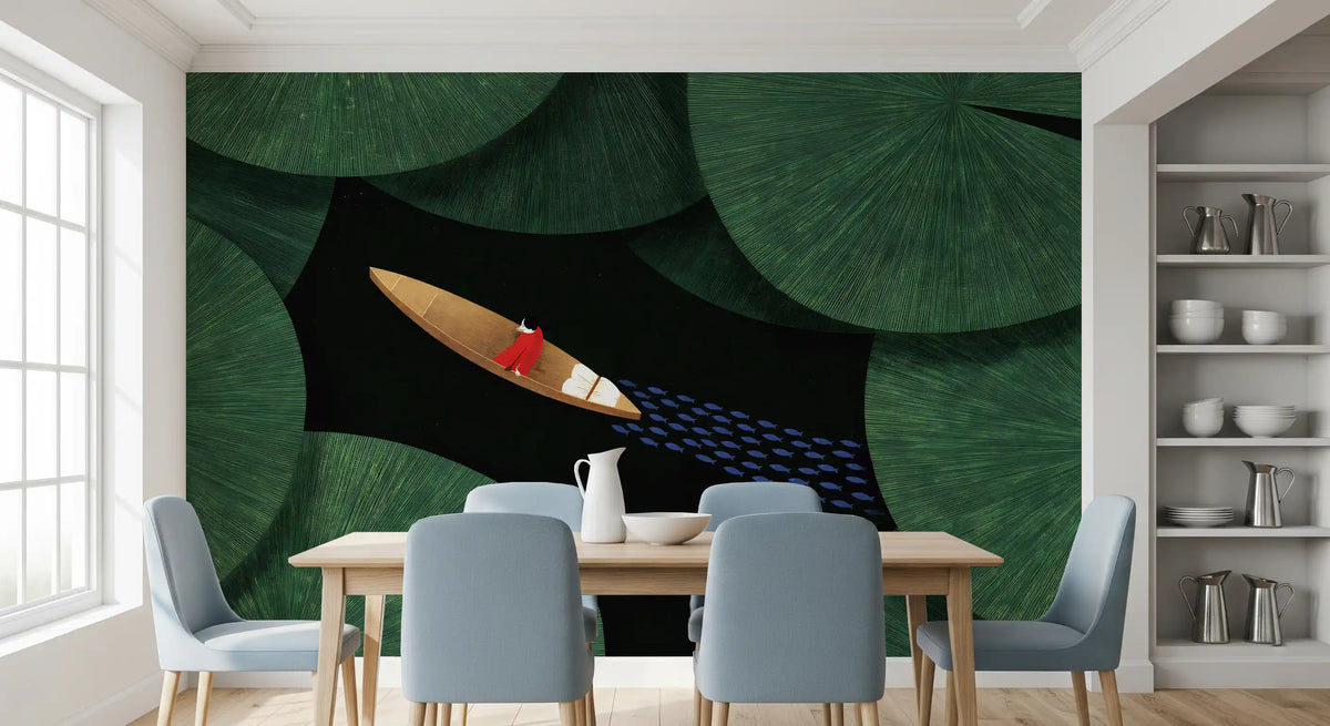 Lone Traveler Amidst Green Lily Pads Wall Mural