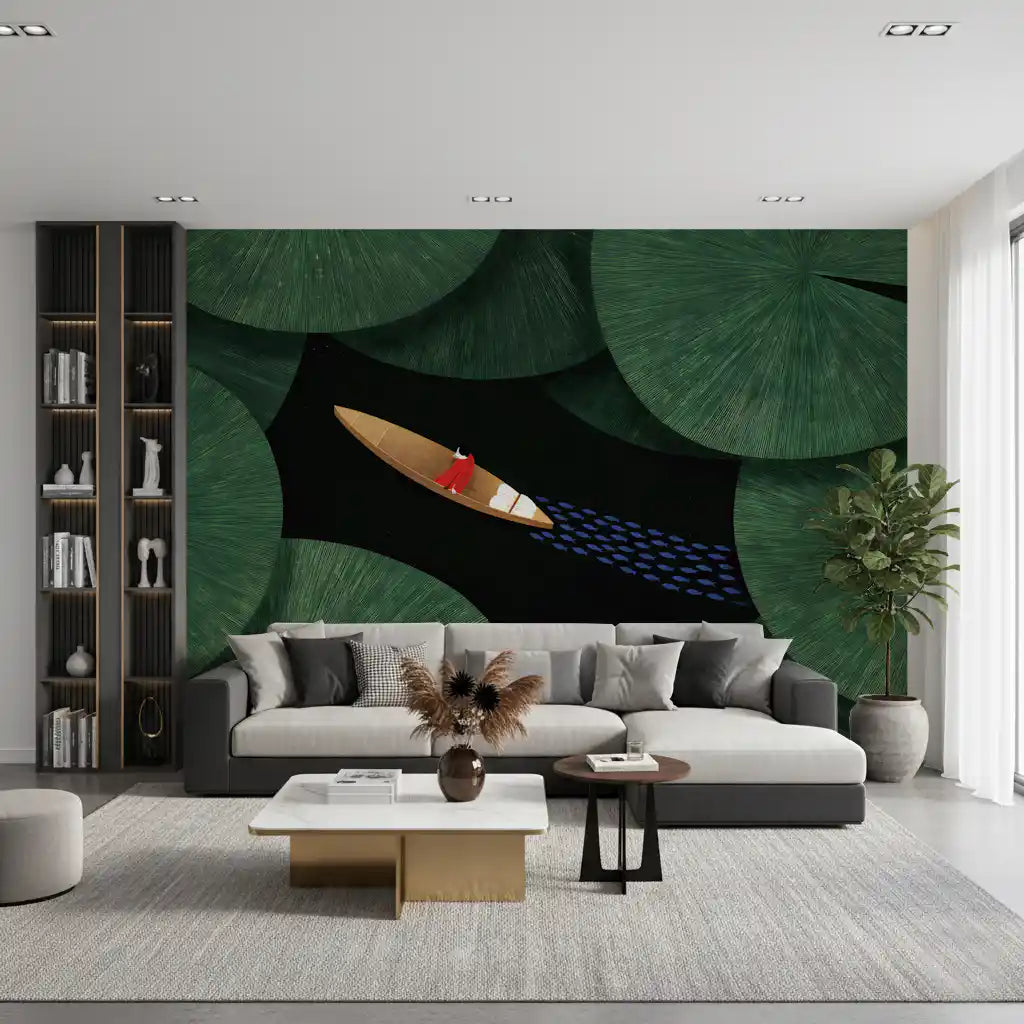 Lone Traveler Amidst Green Lily Pads Wall Mural