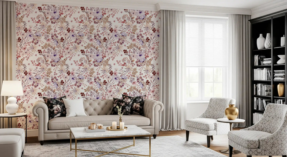 Boho Mauve Botanical Sketch Wallpaper⁠
