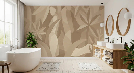 Artistic wallpaper mural in a bathroom with a freestanding tub and double vessel sinks GD13863