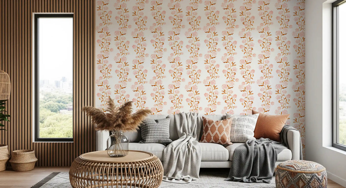 Watercolor Blush and Copper Vine Trailing Floral Wallpaper⁠